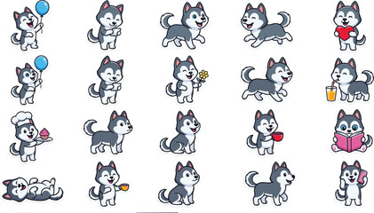 Cute husky puppy cartoon character sticker sheet vector illustration featuring dog emoji set with funny active expressions and playful poses isolated on white background © MeheDi