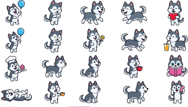 Cute husky puppy cartoon character sticker sheet vector illustration featuring dog emoji set with funny active expressions and playful poses isolated on white background