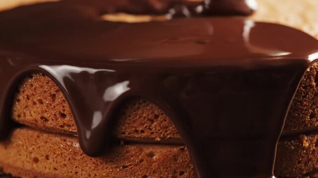 Rich chocolate glaze drips down a layered brown sponge cake