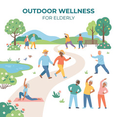 Fototapeta premium Elderly people enjoying outdoor wellness activities in a serene natural setting with Vector graphics of exercises and relaxation.