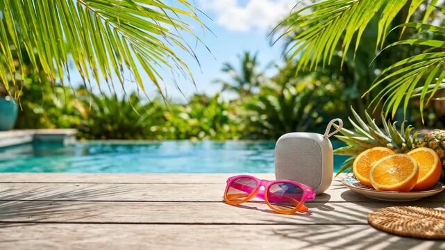Sunglasses portable speaker and tropical fruits on wooden deck by infinity pool. Palm trees lush greenery and blue sky background. Summer vacation relaxation concept