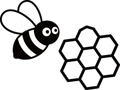 A cartoon bee next to a honeycomb pattern in black and white