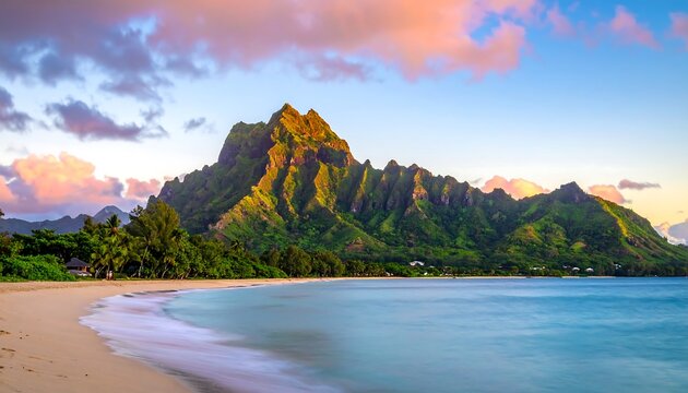 Stunning coastal scene featuring a sandy beach, calm ocean, lush green mountains, and a colorful, pastel-hued sky at sunrise