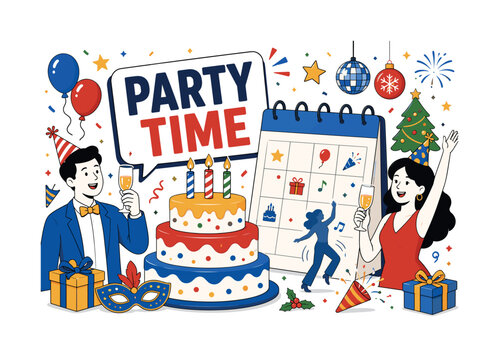 Party Event Celebration. Banner scene about festive events with two party guests beside an oversized birthday cake and a large event calendar, dancing figure, holiday stars, New Year sparkles,