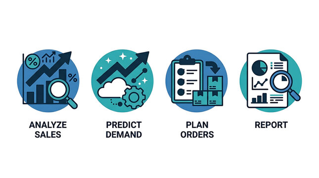 Business analytics icons show analyze sales, predict demand, plan orders, and report results with graphs.