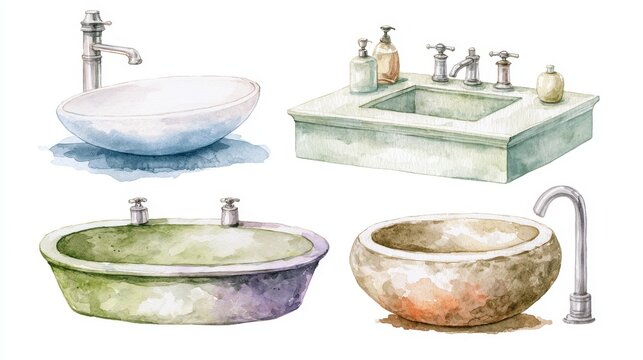 Watercolor collection of various bathroom sink styles with metal faucets and soap dispensers