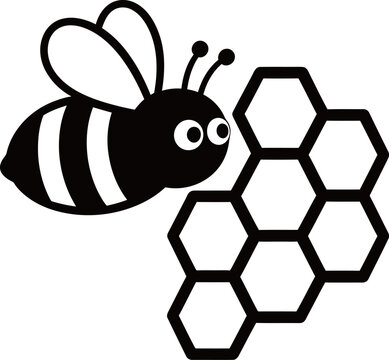 Black and white illustration of a bee next to a honeycomb pattern