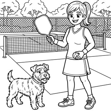 Woman playing pickleball with dog coloring page