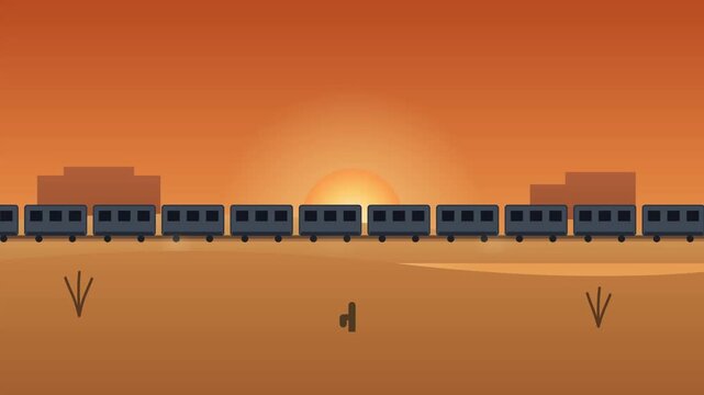 Train in desert at sunset