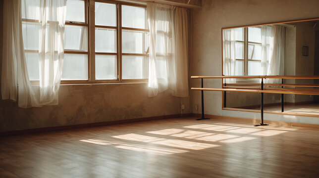 Sunlit empty ballet studio on a calm morning with wooden barres, floor-length mirror and sheer curtains