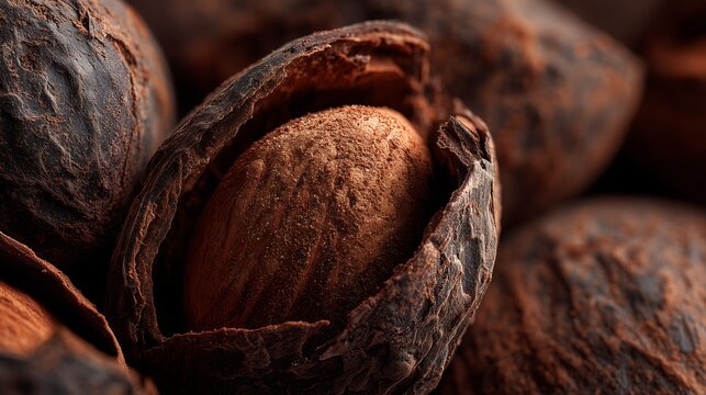 Close up chocolate almonds with cracked shell revealing roasted nut inside, captured in macro food photography with detailed crunchy texture and rich confectionery appeal.