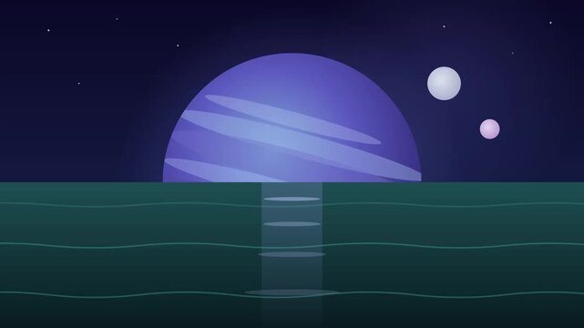 Minimalist illustration of a cosmic ocean scene at night with a giant planet and moons