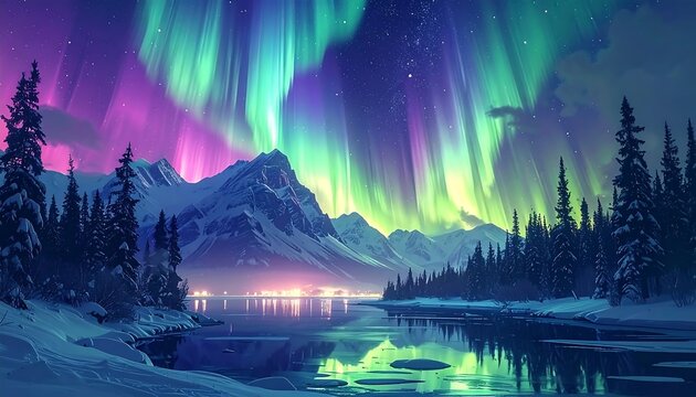 Stunning digital art piece depicts the aurora borealis, vibrant lights over snow-capped mountains and reflective water