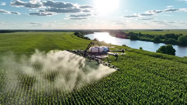 Drone spraying pesticides on agricultural field near river