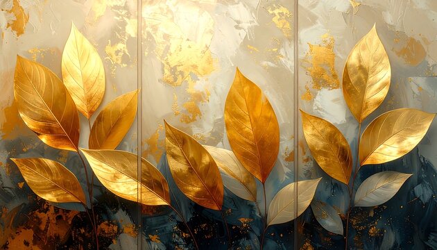 Stunning digital artwork showing golden-hued leaves and branches against an abstract backdrop of swirling blues, whites, and gold