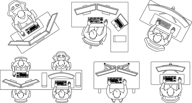 Top view of people working on computers at desks, office workspace with various monitor setups, flat vector illustration set transparent background