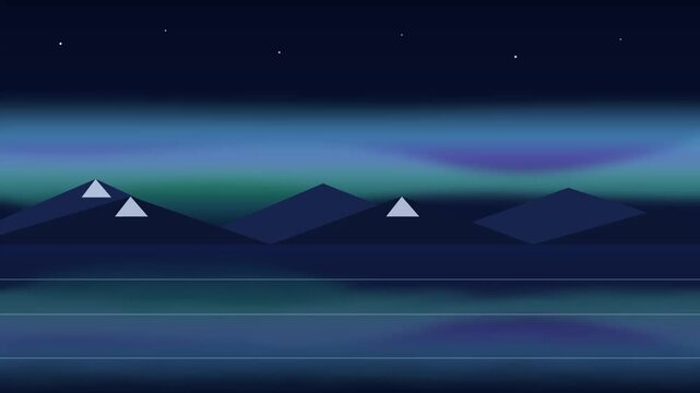 Abstract minimalist landscape with mountains and aurora borealis