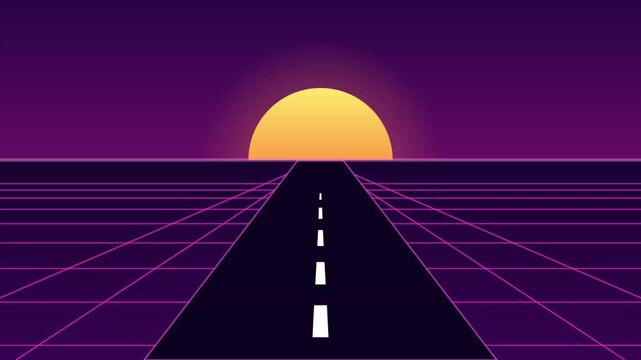 Retro synthwave landscape with a road leading to a glowing sun, 80s style digital horizon with purple grid background