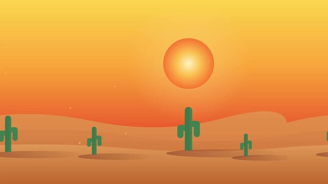 Desert landscape with cacti and sunset, vector illustration of a hot sandy environment with a bright sun in the orange sky