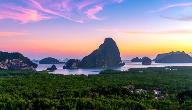Stunning panoramic view of a coastal landscape at dawn. The sky is painted with vibrant hues reflecting on calm water