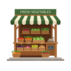 Obraz premium Vector illustration of a vibrant fresh vegetable stand with various produce on display outdoors.