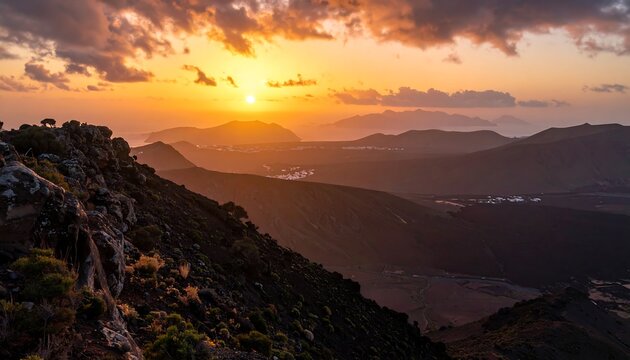Stunning panoramic view of a mountain range at sunset with golden light, fluffy clouds, and a distant town
