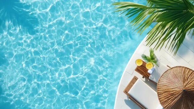 Tropical poolside relaxation with sun lounger and refreshing drinks under palm tree shade