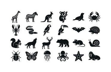 Fototapeta premium Nature Creature Set. Solid glyph icon set of land sea and air animals: giraffe, zebra, kangaroo, koala, seal, crab, lobster, eel, parrot, toucan, bat, hedgehog, squirrel, wolf, deer, bear, mouse,
