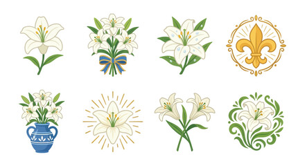 Fototapeta premium Vector Set of Various Floral Illustrations Including Lily Flowers and Decorative Vases