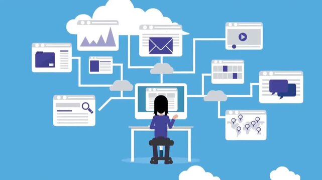 Remote Work and Cloud Computing Network Concept. 2D Animated Professional Managing Global Digital Communications and Tech Tasks.