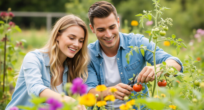 Happy young couple gardening and pruning tomato plants outside. Smiling man and woman tending to vegetables in a summer garden