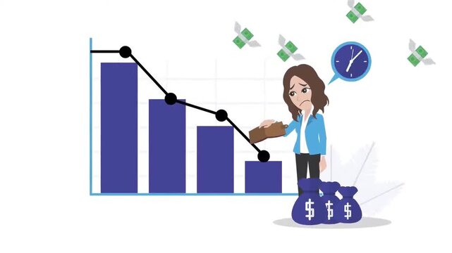 Businesswoman Frustrated with Declining Financial Graph and Falling Profits. Market Crash, Economic Loss, and Crisis Concept.