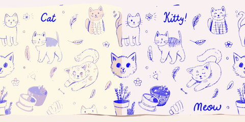Fototapeta premium Cat doodles and floral ornaments hand drawn blue sketch pattern