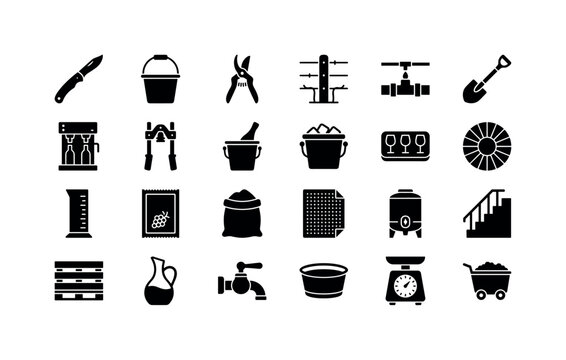 Winemaking Craft Marks. Solid glyph icon set of winery and winemaking: pruning knife, grape bucket, vineyard shears, trellis post, irrigation pipe, soil shovel, bottling machine, capper tool,