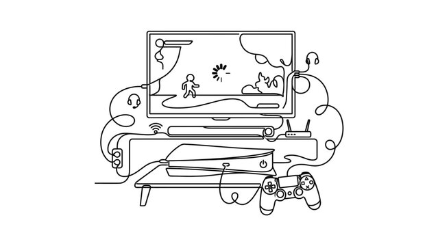 Gaming Setup: TV, Console, Controller, Headphones and Router - Line Art