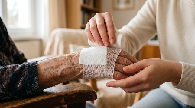 Compassionate Caregiver Applying Sterile Medical Bandage to Injured Hand of Senior Patient for Wound Treatment and Recovery