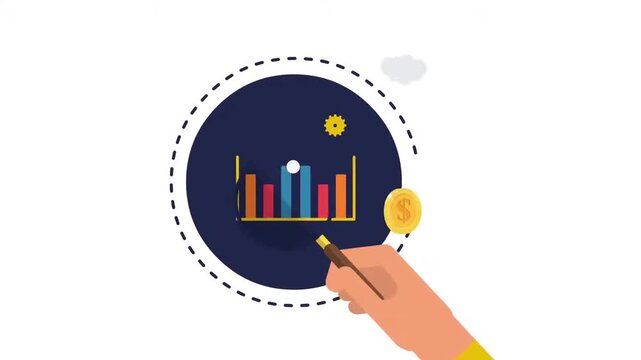 Hand pointing at Financial Growth Chart Infographics. Market Research, Investment Analytics, and Statistics Animation.