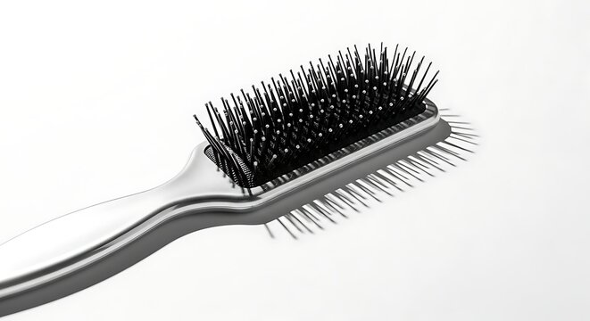 Close-up of silver hairbrush with black bristles.