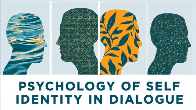 Four silhouettes of human heads show inner thoughts. Each head contains different patterns like water, grid, leaves, and dots. Image suggests psychology of self-identity in dialogue