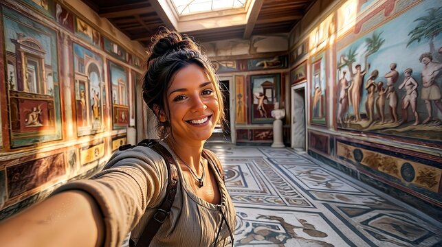 Young woman takes a selfie in a room with ancient Roman frescoes