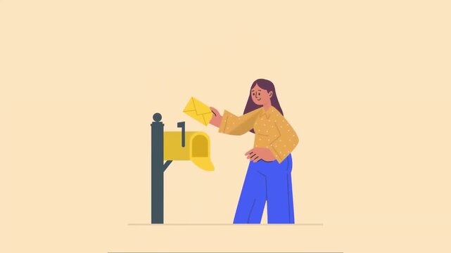 Woman Checking Mailbox Outside Her House. Receiving Mail, Letter, and Daily Routine Concept Animation.