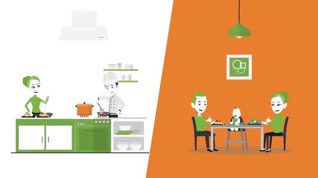 Split Screen Showing Kitchen Meal Prep and Restaurant Dining Room. Food Industry and Catering Business Concept.
