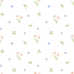 Fototapeta premium Watercolor seamless floral pattern with cute flowers on white background. Hand painted tiny bouquet print for fabric, wallpaper, wrapping paper