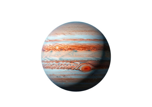 Hyper-realistic Jupiter, perfectly spherical with distinct atmospheric bands and a prominent Great Red Spot, vibrant colors, isolated on a bright white background with copy space, concept of