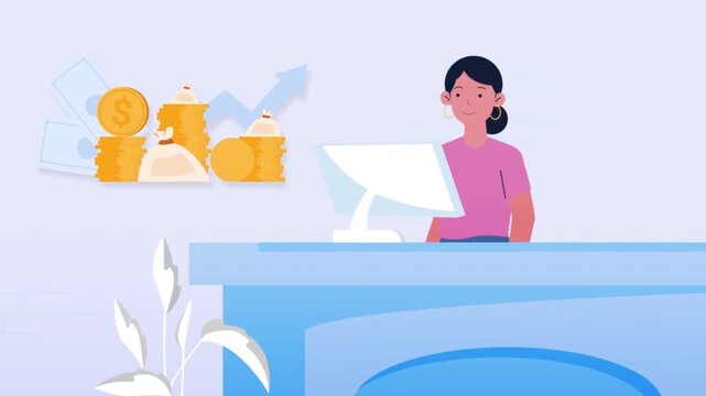 Corporate Bank Teller or Accountant Working at Front Desk. Financial Services, Saving, and Customer Service Concept.