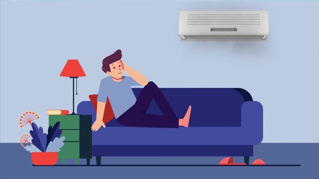 Man Relaxing on Sofa Under Air Conditioner at Home. AC Cooling, Summer Comfort, and Climate Control Concept.