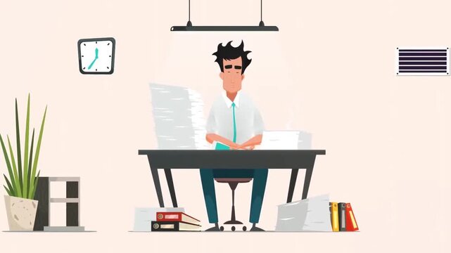 Stressed Businessman Overloaded with Work at Office Desk. Deadline Pressure, Heavy Workload, and Burnout Concept.