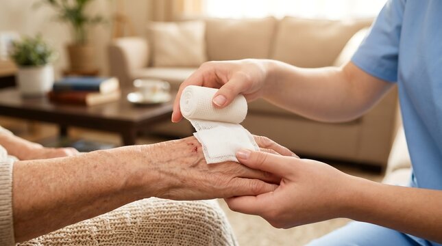 Nurse or home caregiver applying a sterile bandage and gauze to the hand of an elderly senior patient during a routine medical home visit