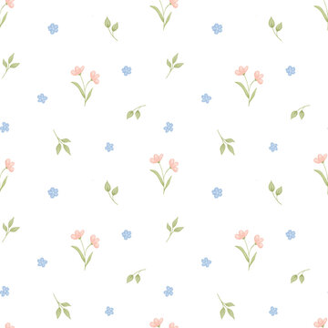 Watercolor seamless floral pattern with cute flowers on white background. Hand painted tiny bouquet print for fabric, wallpaper, wrapping paper