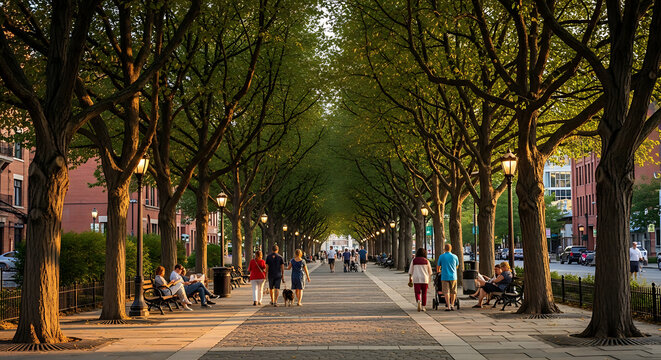 People strolling along a treelined cobblestone path in a city park at sunset